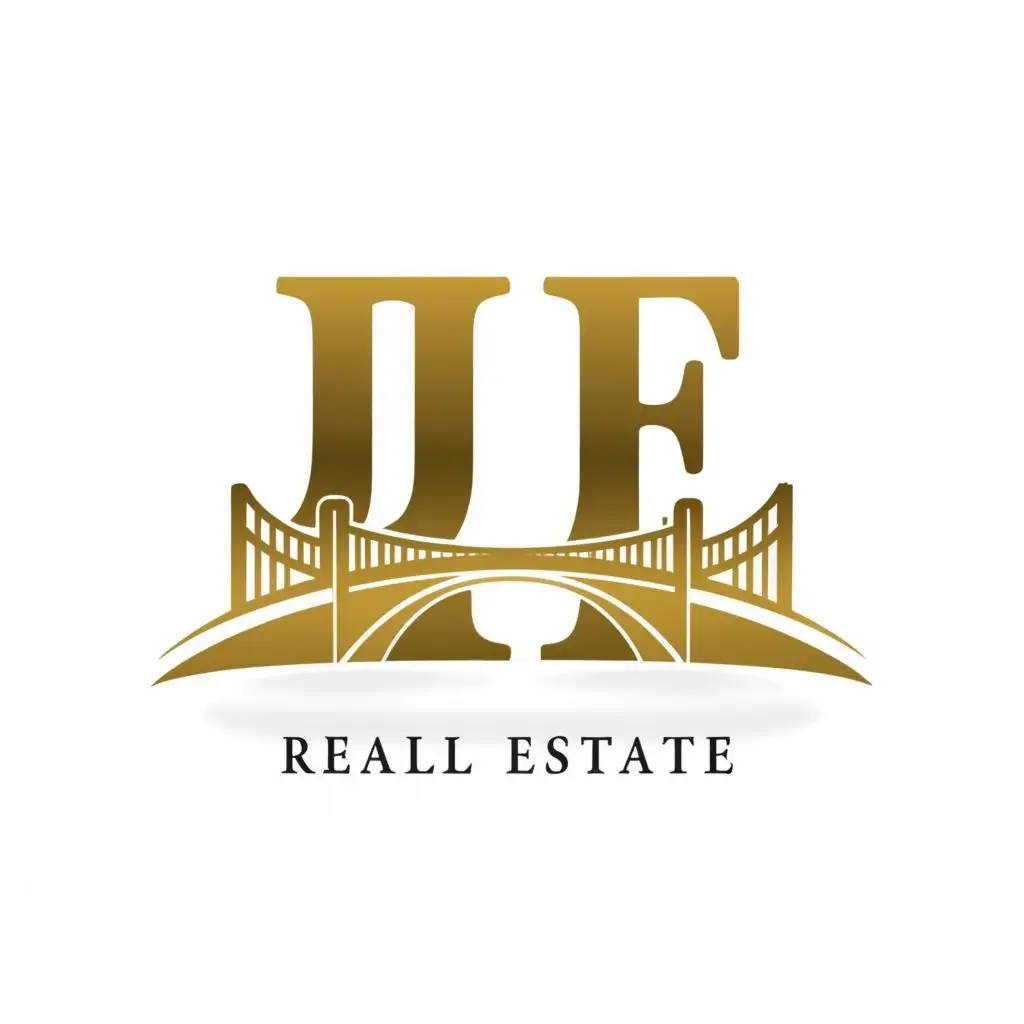 logo, nice golden Bridge, with the text ""JE"", typography, be used in Real Estate industry