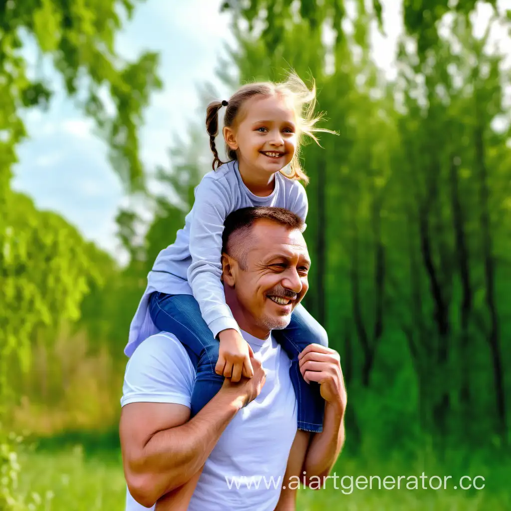 A happy strong young father holds his 10-year-old daughter in his arms against the backdrop of bright nature, sky, grass, trees on the sides