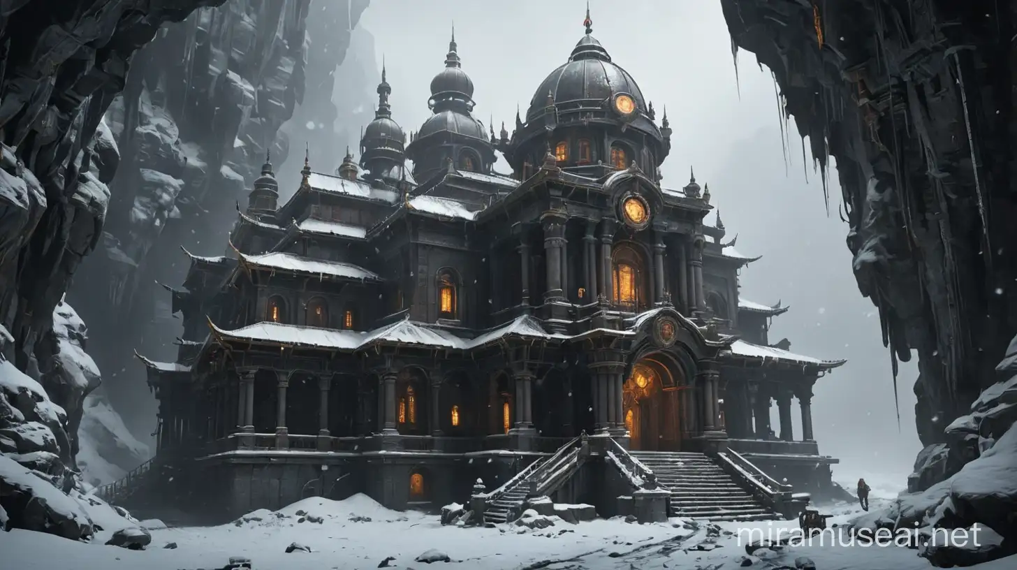 Visualize an (((enormous abandoned steampunk temple))) tucked away in a (((dark and snow-dusted, cavernous cave))), where its intricate gears and cogs stand out against the (ominous gloom)