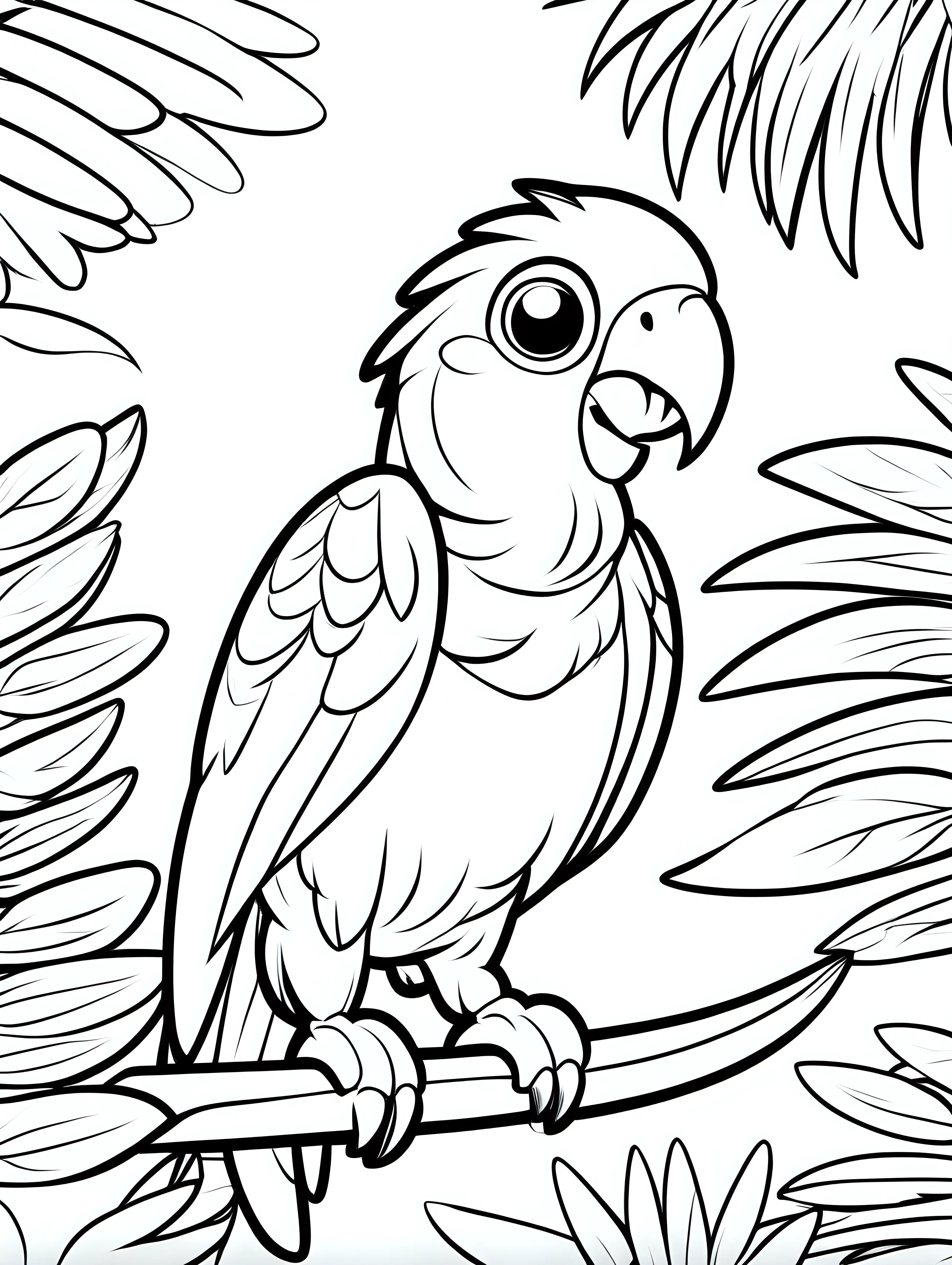 Coloring book, cartoon drawing, clean black and white, single line, in center of aspect ratio 9:16, white background, cute parrot chick perched on a tree with vibrant feathers.