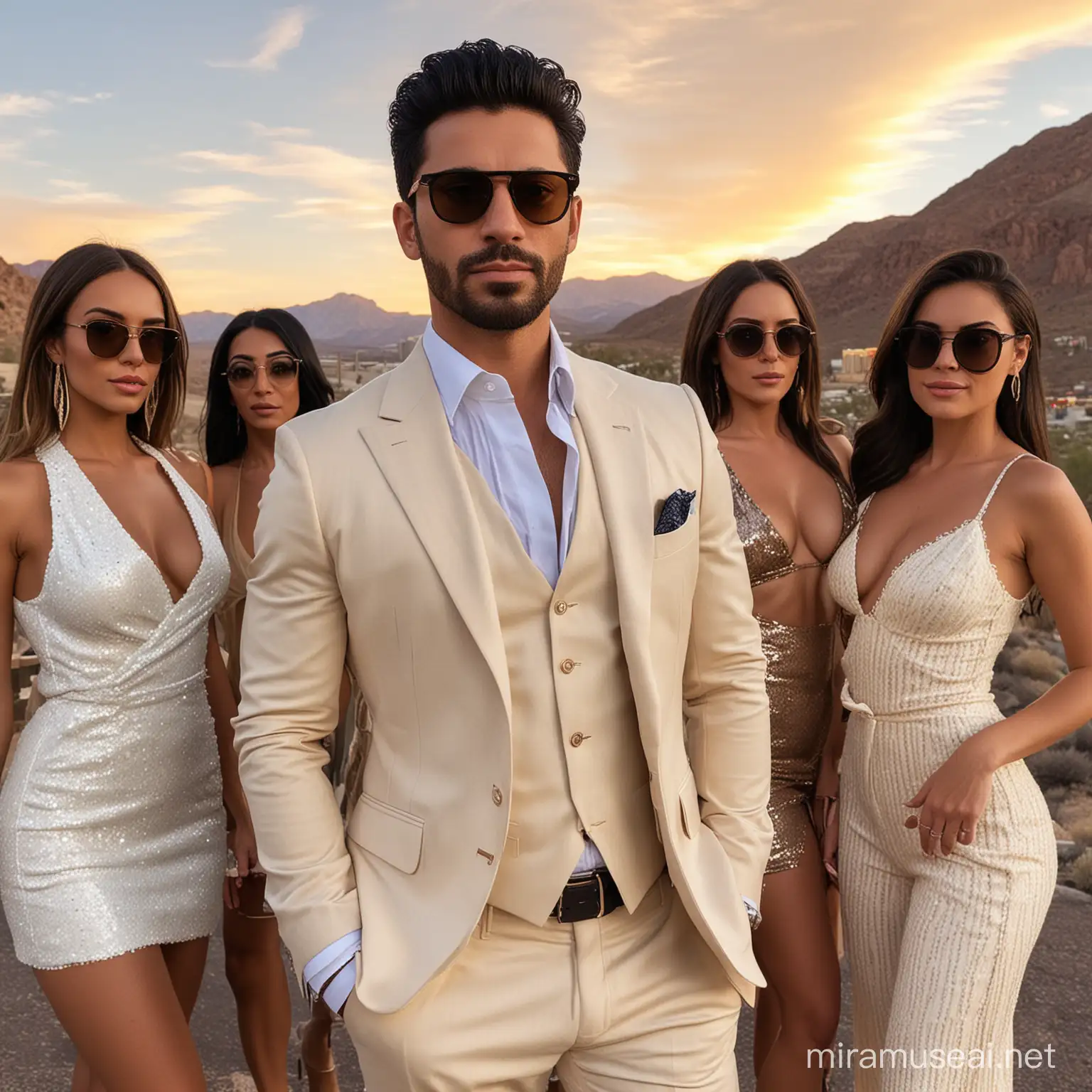 A handsome, wealthy man wearing a brown and cream suit, black sunglasses, black hair and a light beard, with a group of sexy women next to him and a sunset view in a mountainous area like Las Vegas.