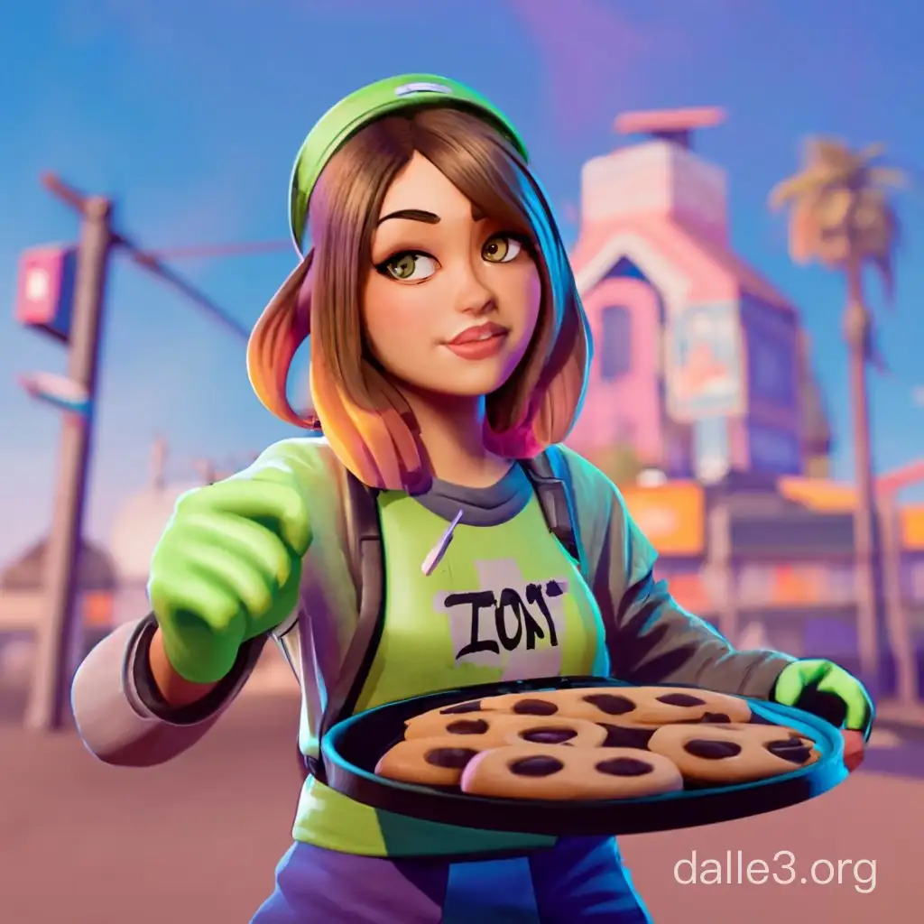 Pokimane in a fortnite style character standing while holding a toxic cookie tray