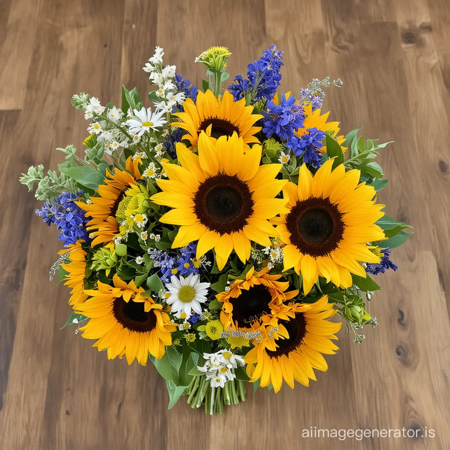 a fresh sunflower bouquet mixed with fresh wildflowers