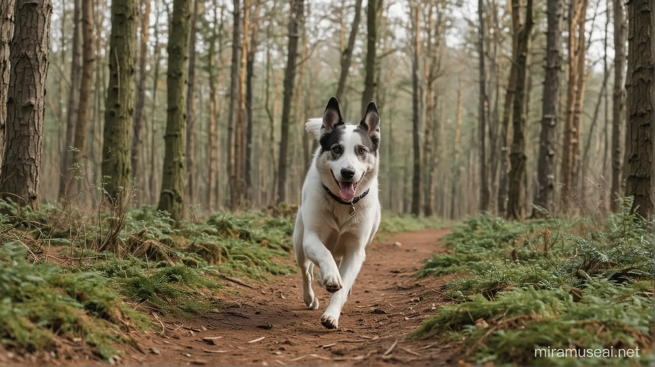 Energetic Dog Running Amidst Lush Forest Canopy