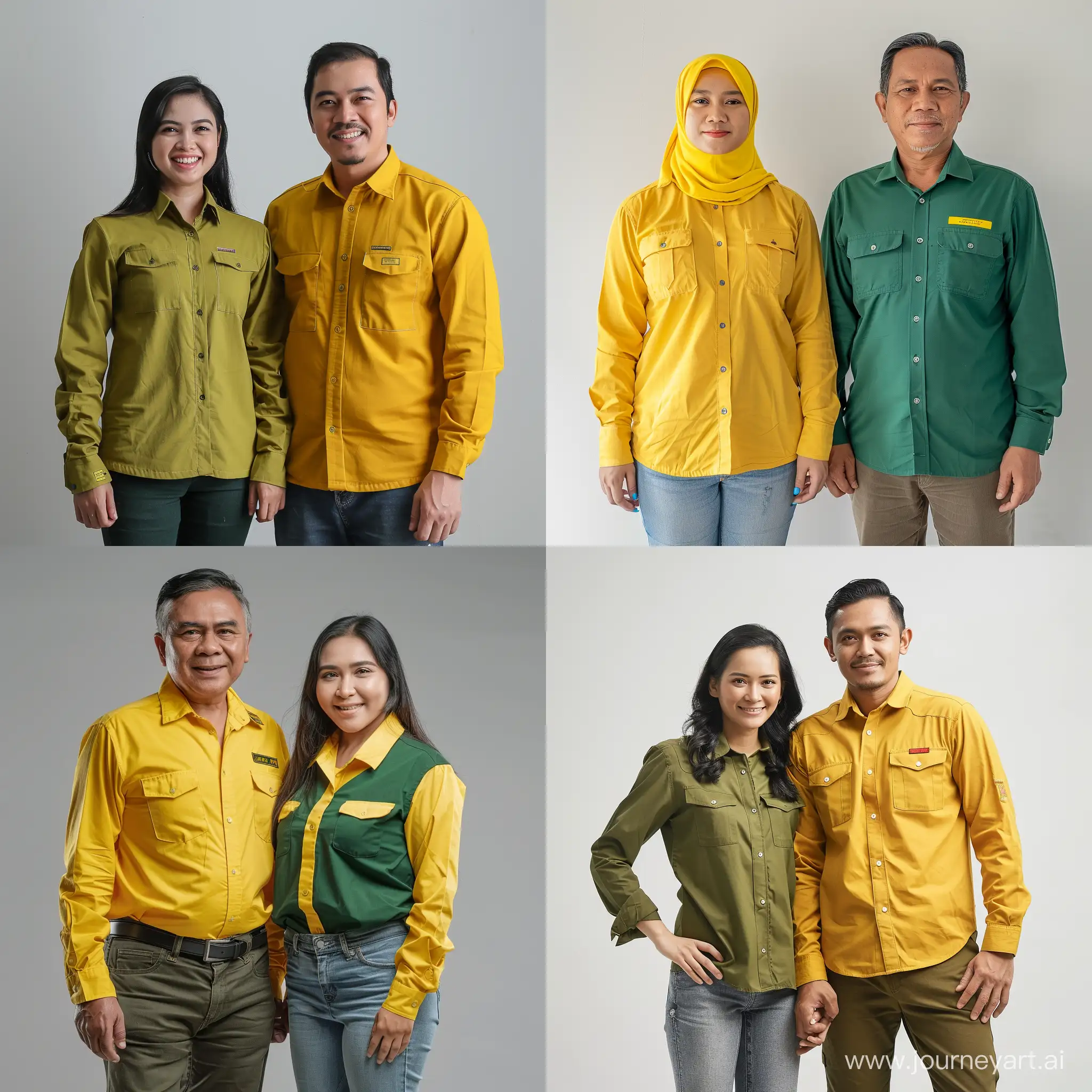Full Body Indonesian man and woman, government employee, Yellow Green Office field Shirt, Long Sleeves, Levis Pants