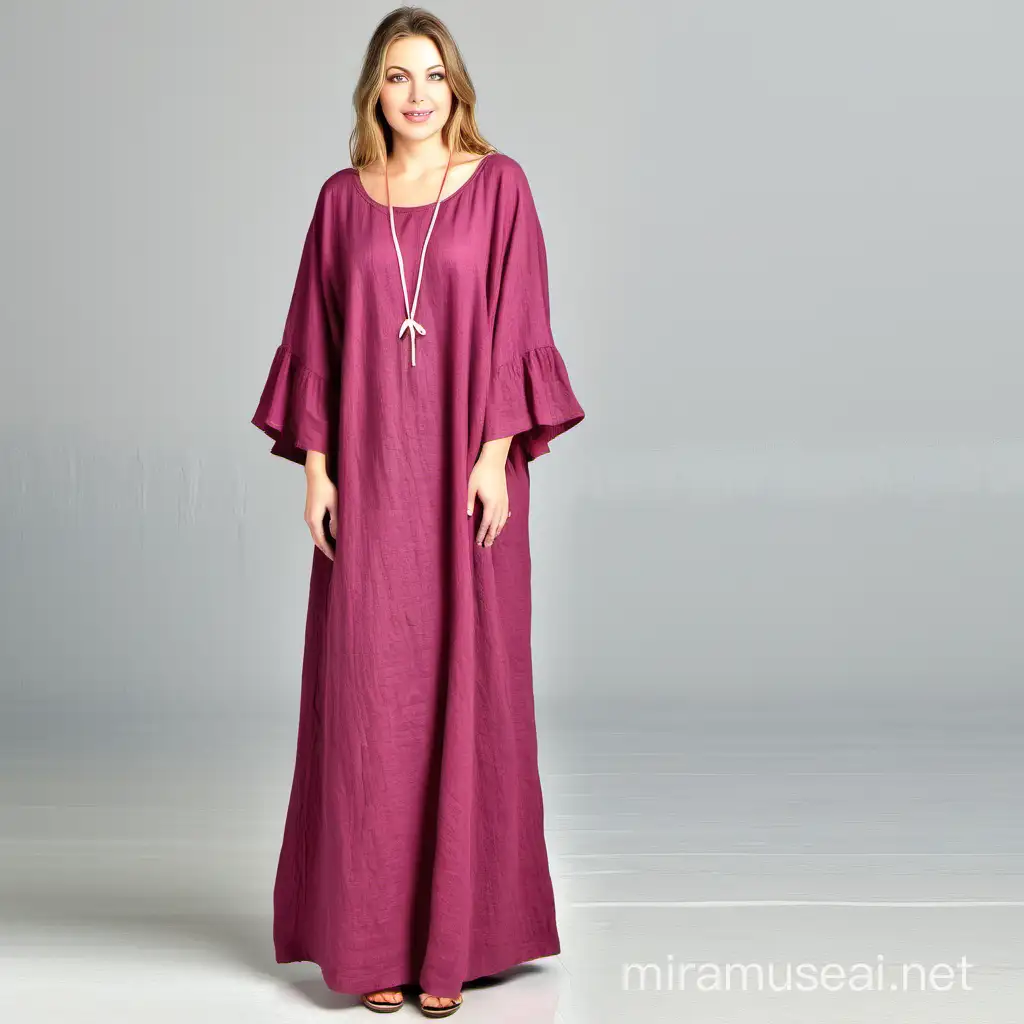 dolman style long dress,
neck  design scoop neck,
bell sleeves,
linen fabric,
jazzberry color,