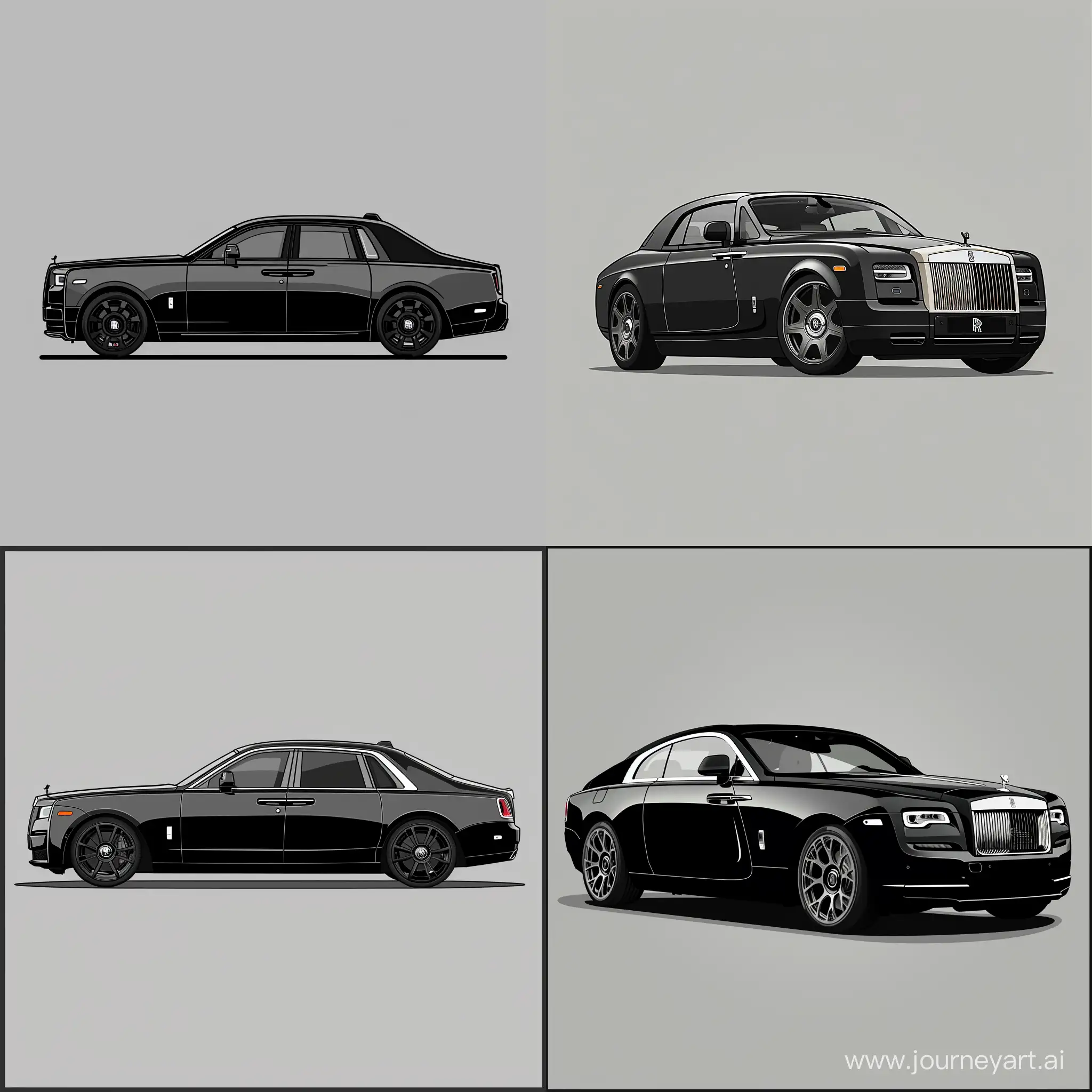 Minimalism 2D Car 2/3 View Illustration of: Black RollsRoyce Fantom, Simple Gray Background, Adobe Illustrator Software, High Precision
