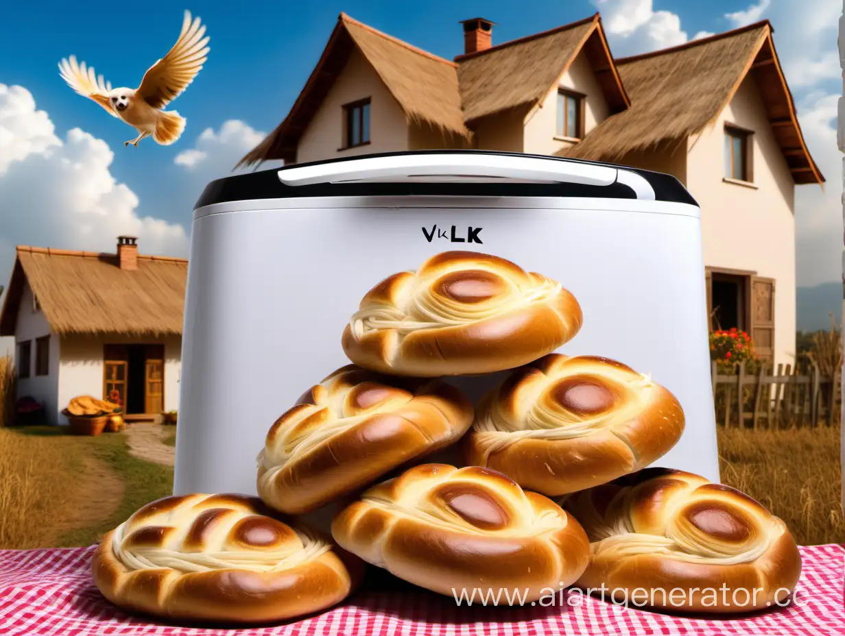 an electric bread machine with the inscription < VLK forever > loaves of bread pies and rolls flying around against the backdrop of a house in the village, two Pikinese dogs < VLK forever >