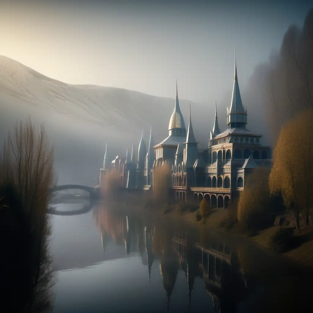 Rivendell with kievan rus architecture buildings, foggy morning, low contrast