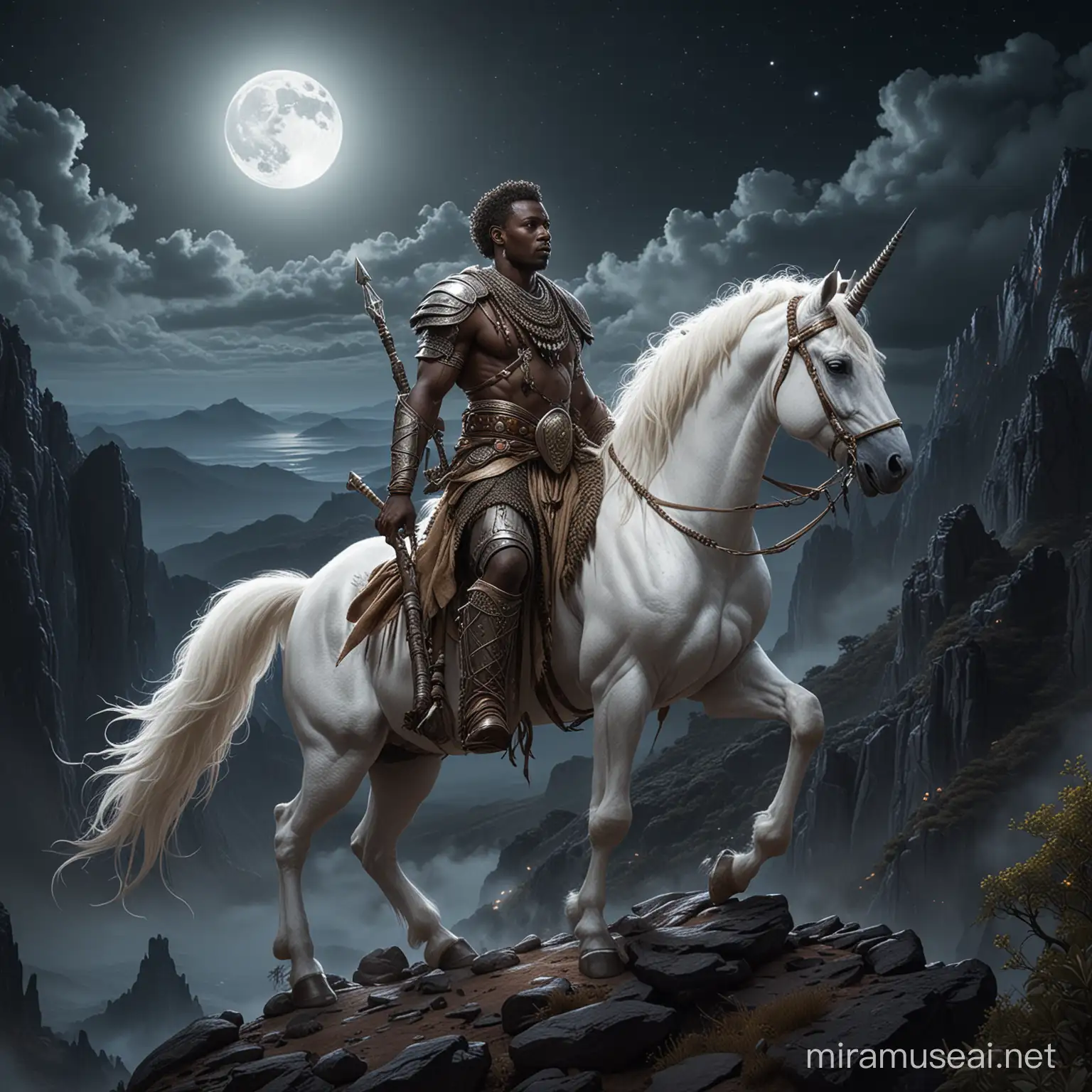 An African warrior, on a mountain edge, on a white unicorn, Night Time, dark environment, Moon light, in a mountainous environment 