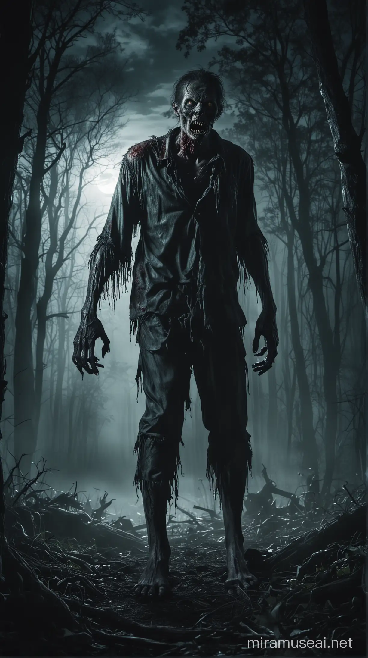 Terrifying Zombie Encounter in the Dark Forest under Moonlight