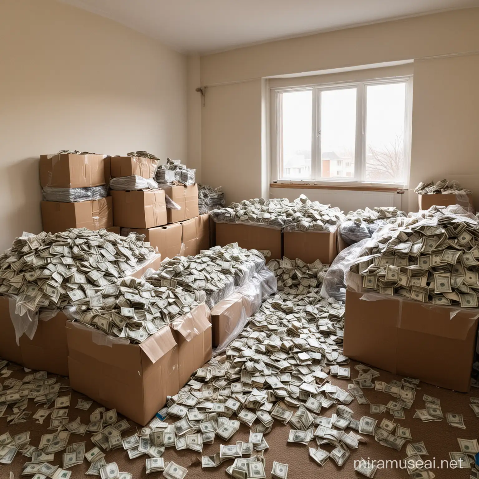 Wealth Overflow Room Filled with Cash Bundles and Plastic Bags