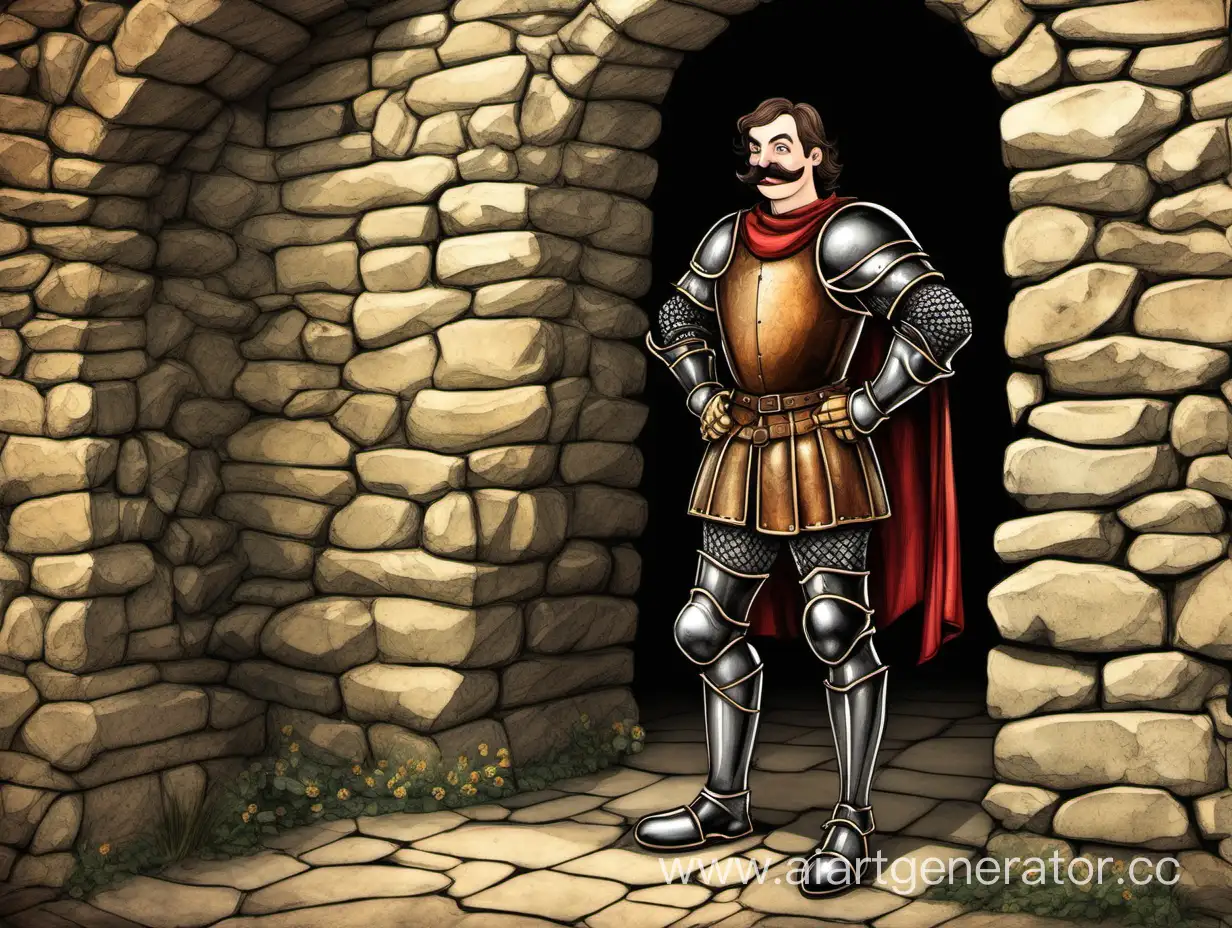 Medieval-Man-in-Leather-Armor-Encouraging-Pose-in-Stone-House-Caricature