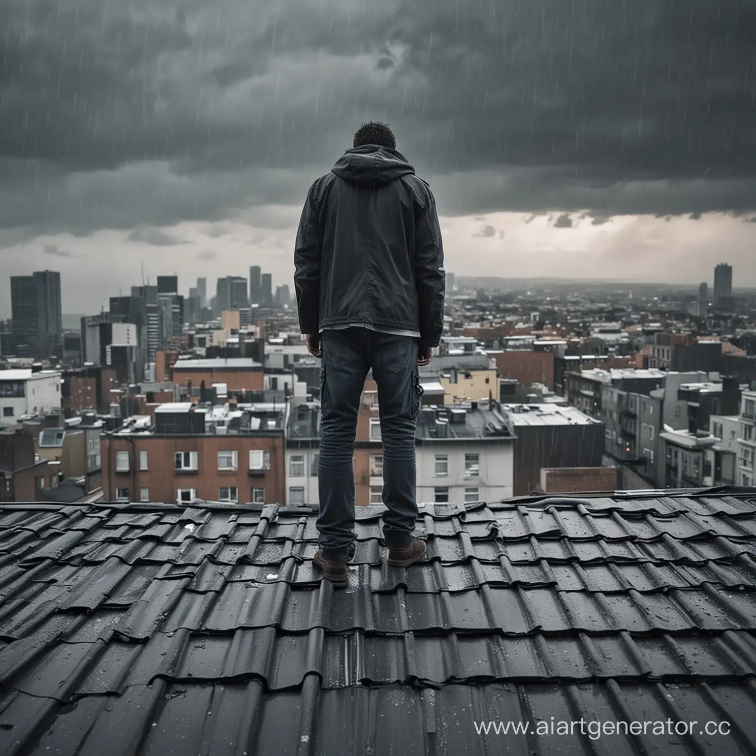 Solitary-Figure-Contemplating-on-Urban-Rooftop-with-Caring-Companion-Amidst-Dreary-Rainfall