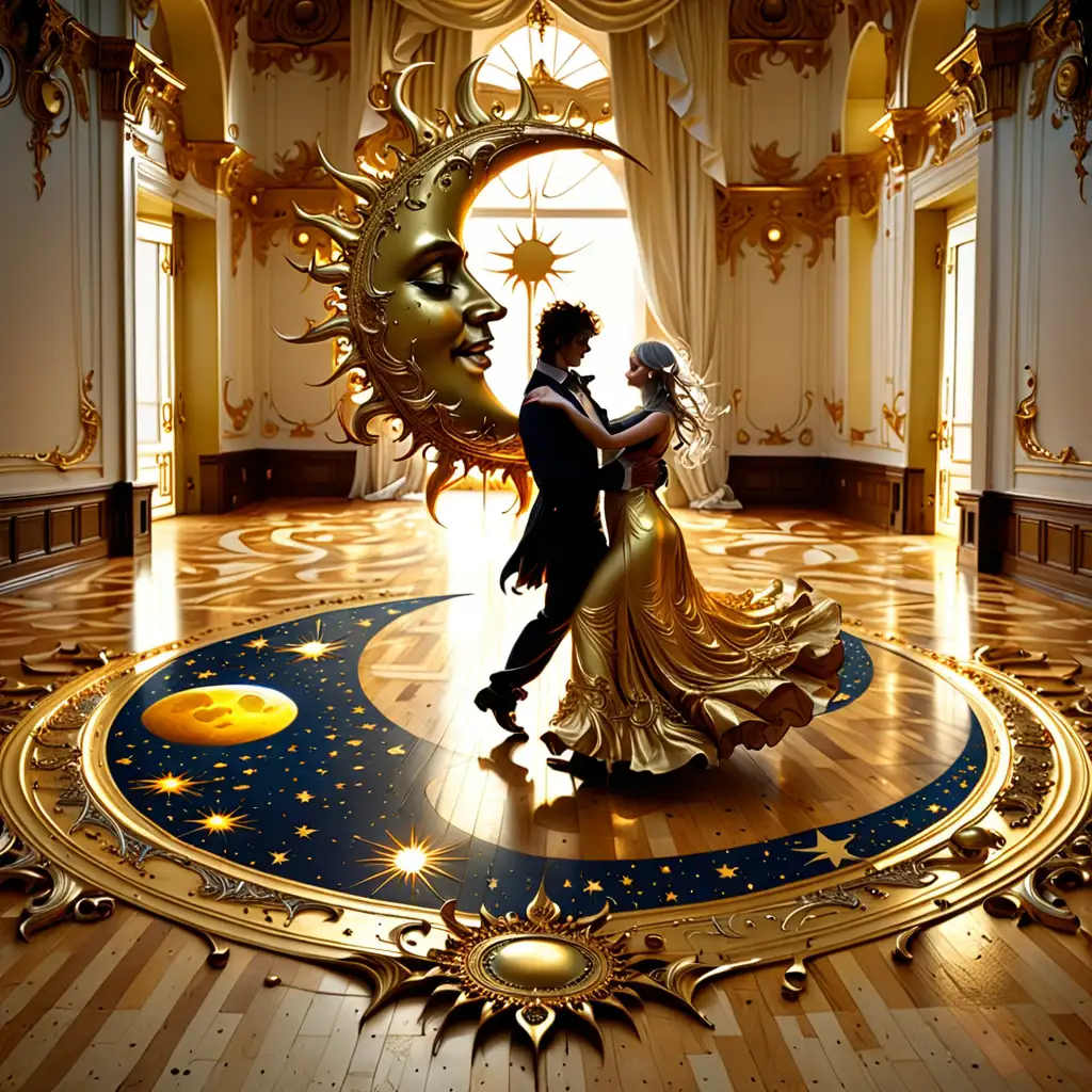 the sun and the moon dancing a waltz on a gilded ballroom floor