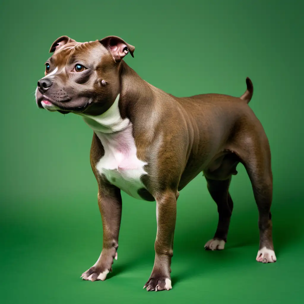 A full side view of a standing Staffordshire bull terrier bitch, on a  green background