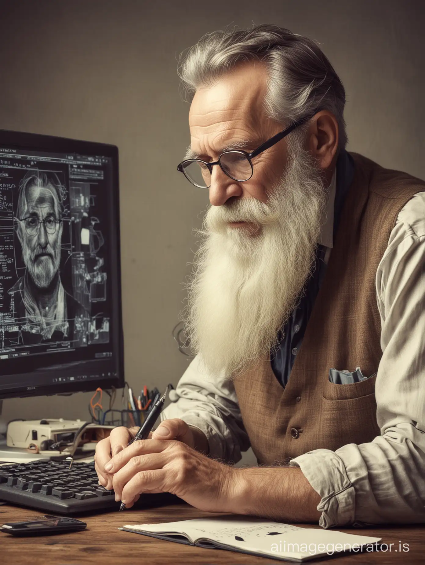 old beard man working with computer; Photoshop; designing textile; digital pen; modern studio; vintage style shot;