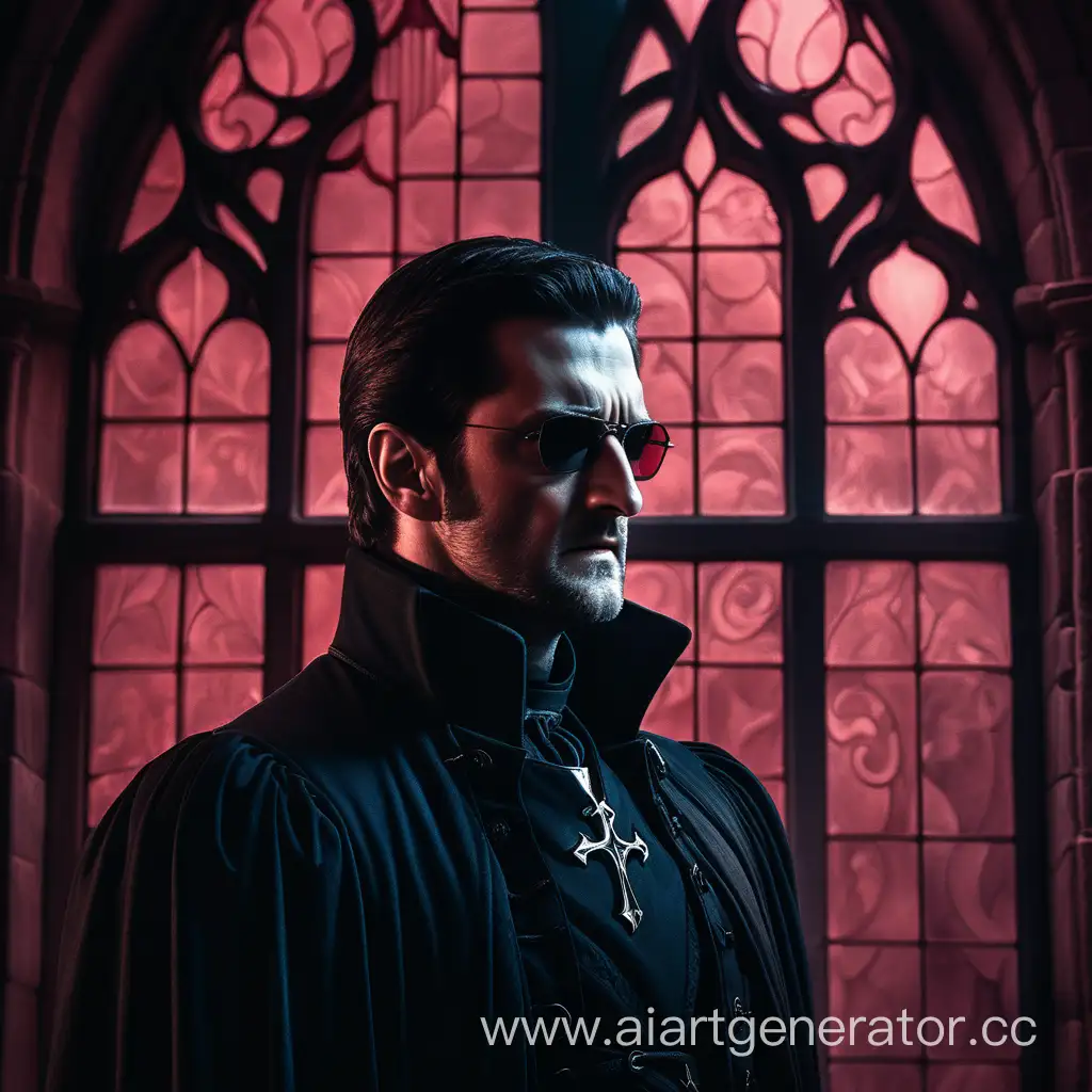 Richard Armitage with a stern look, in black clothes, dark fantasy, Gothic window on a background with shades of red, 8k, resolution, super detail, cinematic, in the style of dark fantasy
