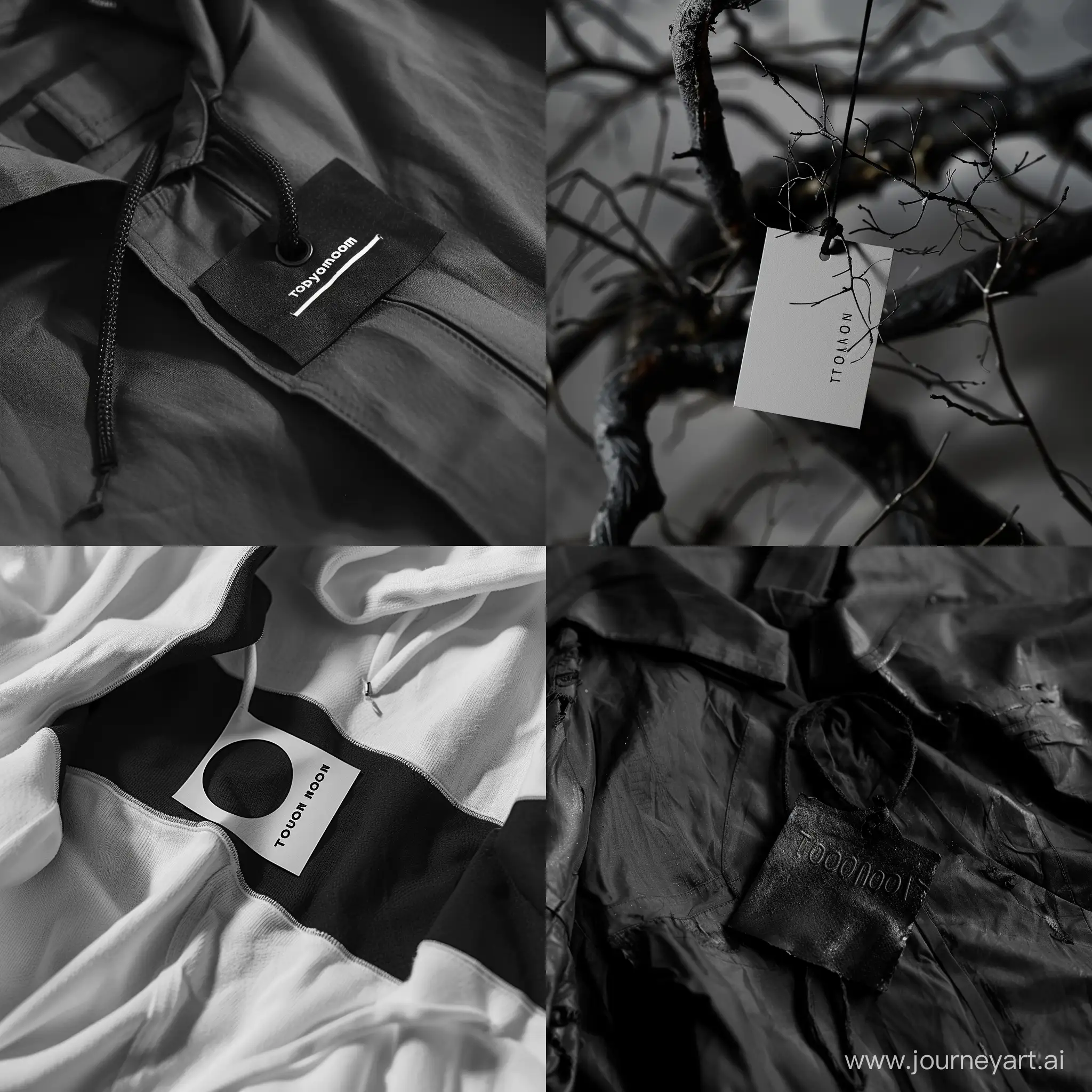 создай мне необычную этикетку для одежды, сделай для нее необычное расположение. название бренда: Totallynoon
этикетка может быть представлена в виде неразборчивых букв
сделай этикетку в стиле Maison Margiela
черно белый мрачный стиль