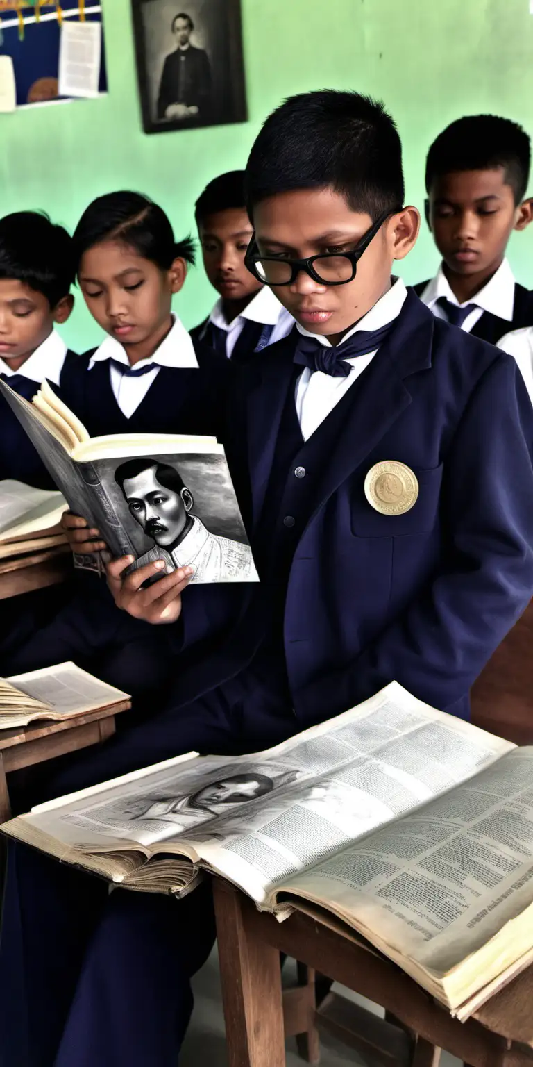 A young student reads Rizal's works, his face awash with inspiration. With his female teacher and classmates in school classroom days.