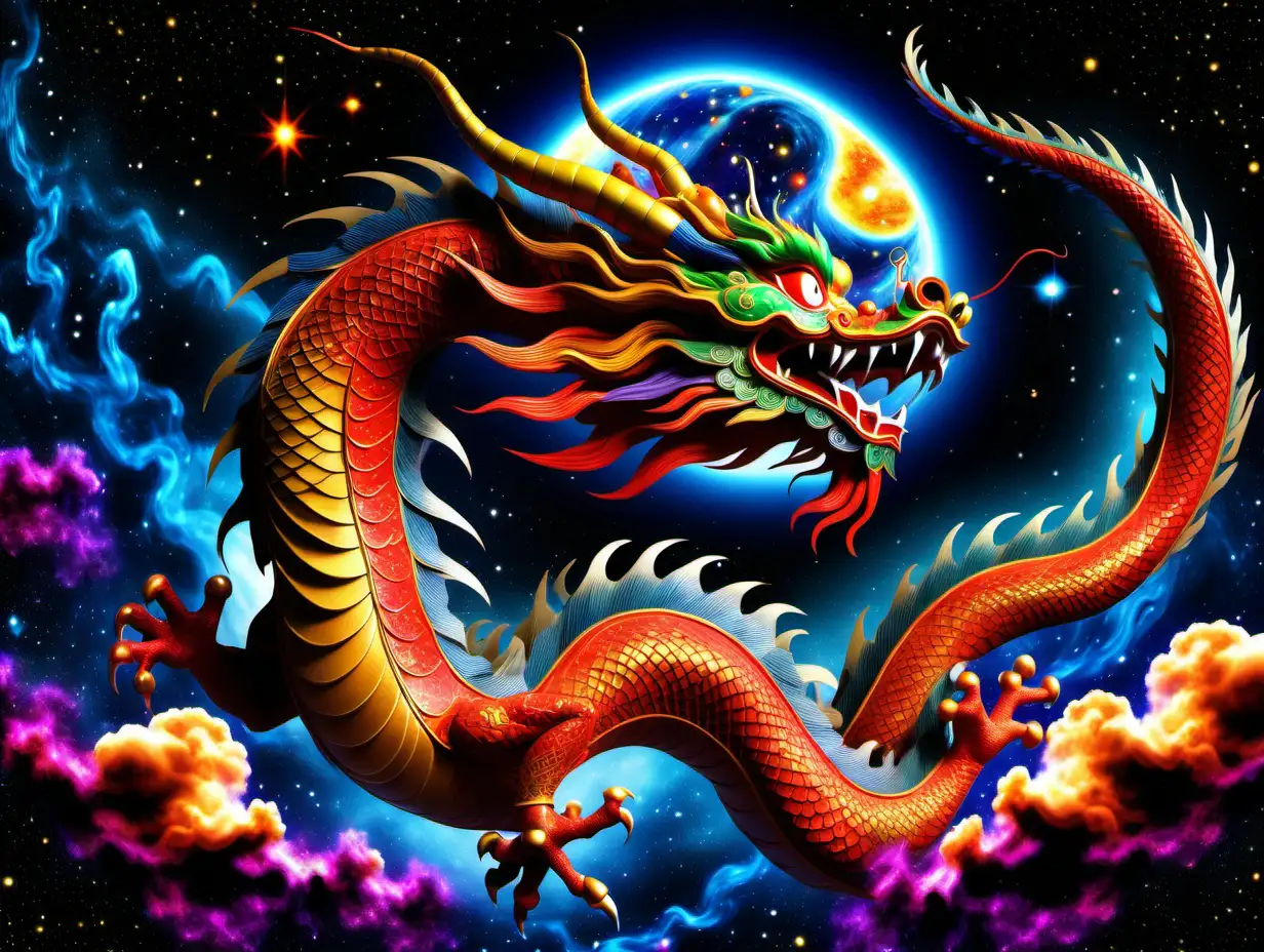 vivid color high detail of a Chinese dragon in flight, cosmic background