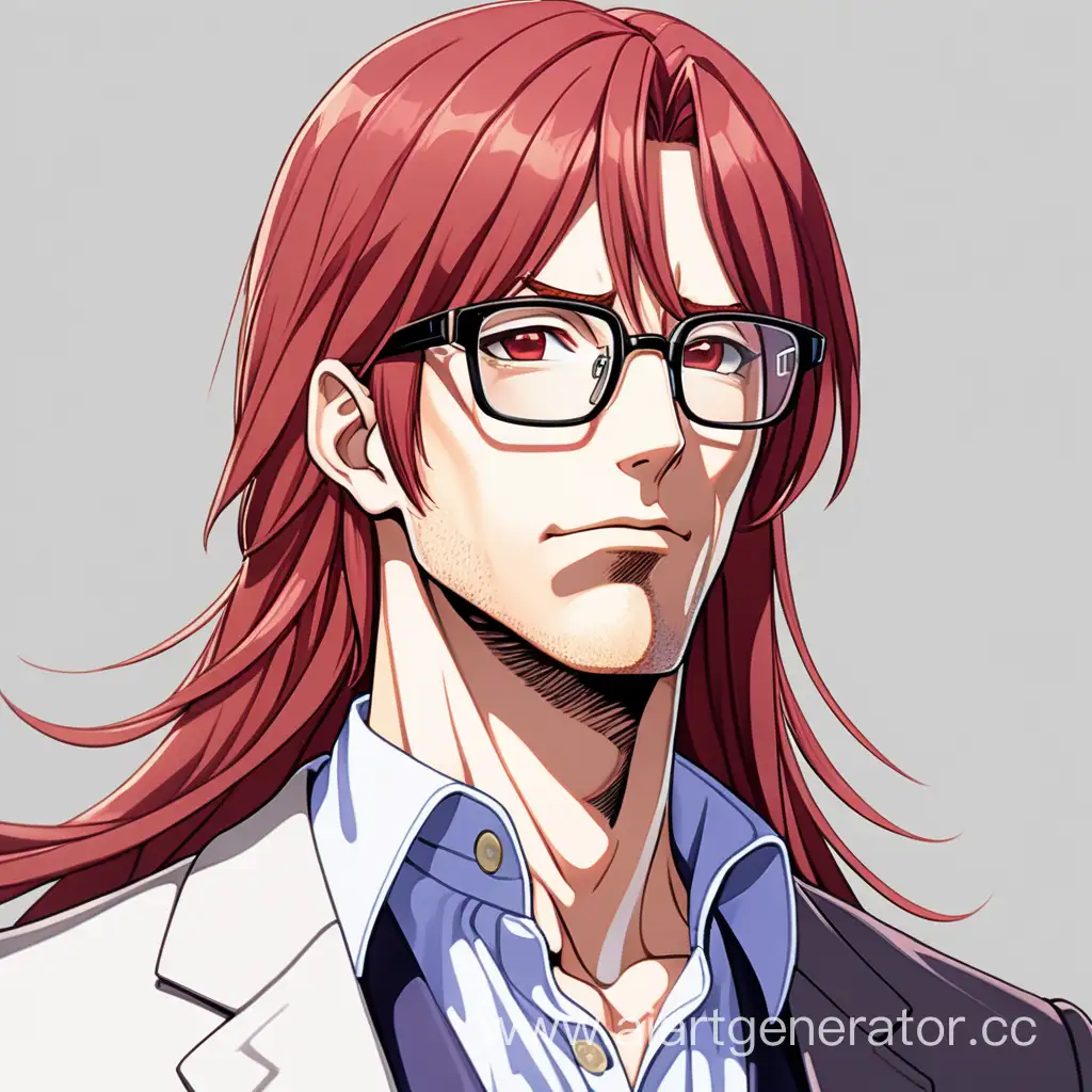 Мужчина, 40 лет, с длинными красными волосами, в тонких очках, классическая одежда. аниме.