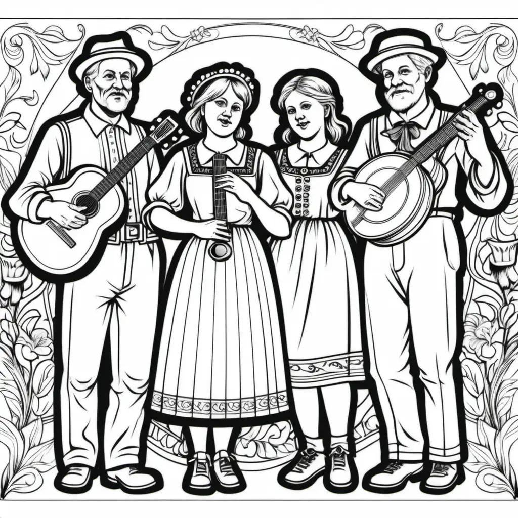 Coloring Page of Traditional German Folk Music Band