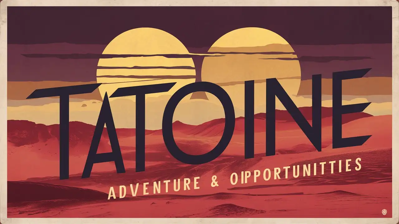 a Travel poster for planet Tatooine from Star Wars, text "Tatooine" and "Adventure & opportunities"