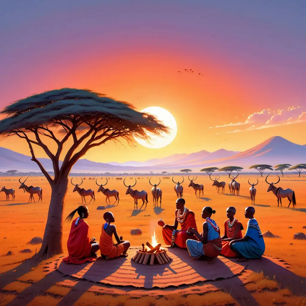 Kawaii stil, Illustration: Eine Maasai-Familie versammelt sich um eine traditionelle Boma, während die Sonne langsam untergeht. Im Hintergrund erstreckt sich die weite Savanne mit einigen Akazienbäumen und grasenden Antilopen.