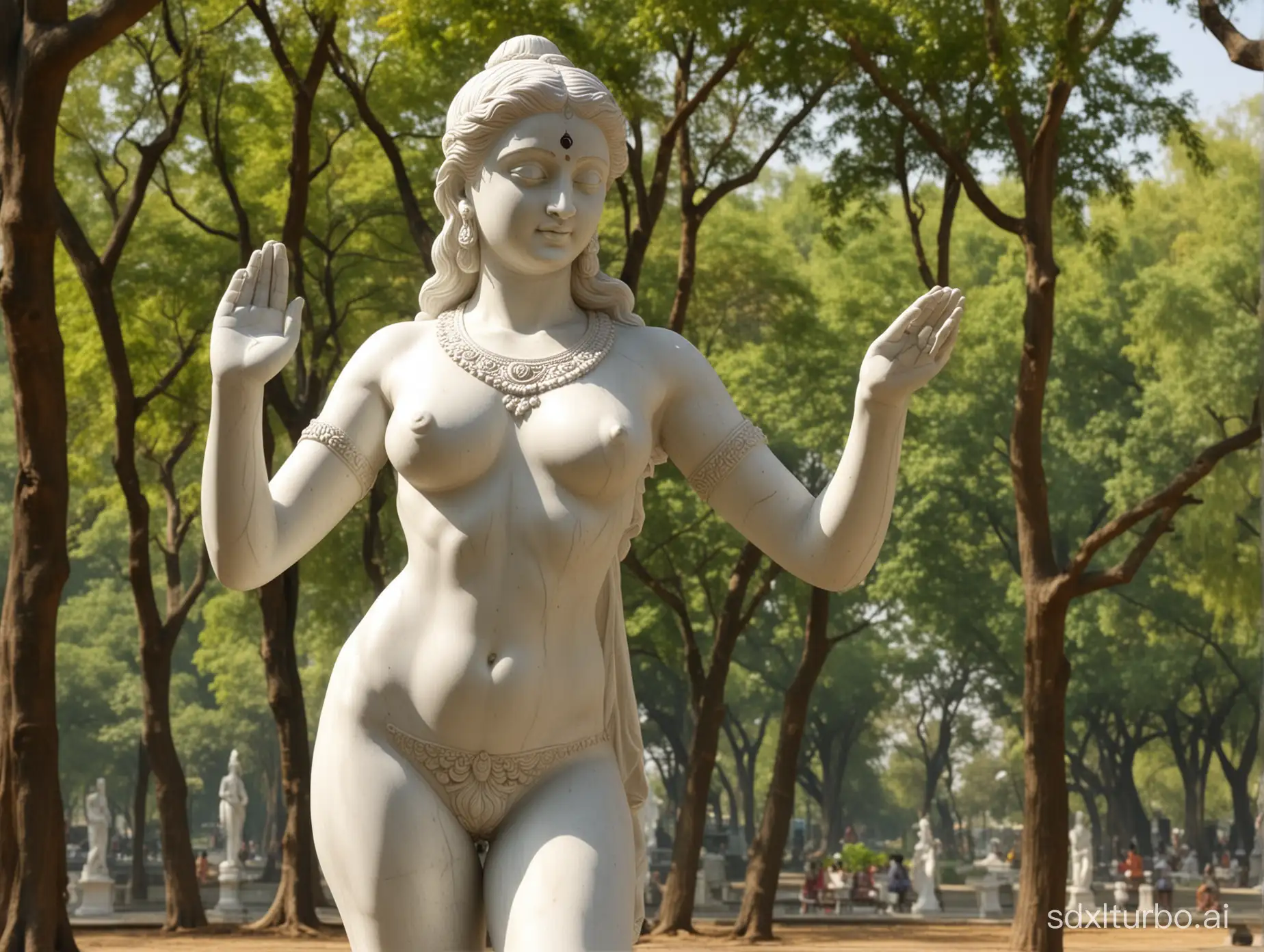 classical Hindu statue, marble statue, naked girl statue, marble statue, Hindu statue, nude body, standing full-length in Indian park, side view, legs spread wide, close-up, background Indian park, sunny weather, marble statue, Hindu goddess, statue, marble statue, girl statue, close-up, 4K, marble skin, classical Hindu face,