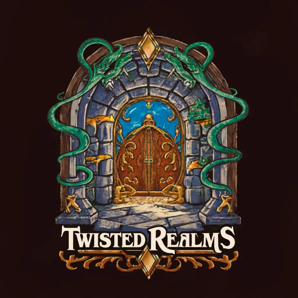 logo, portal doorway, with the text "Twisted Realms", typography