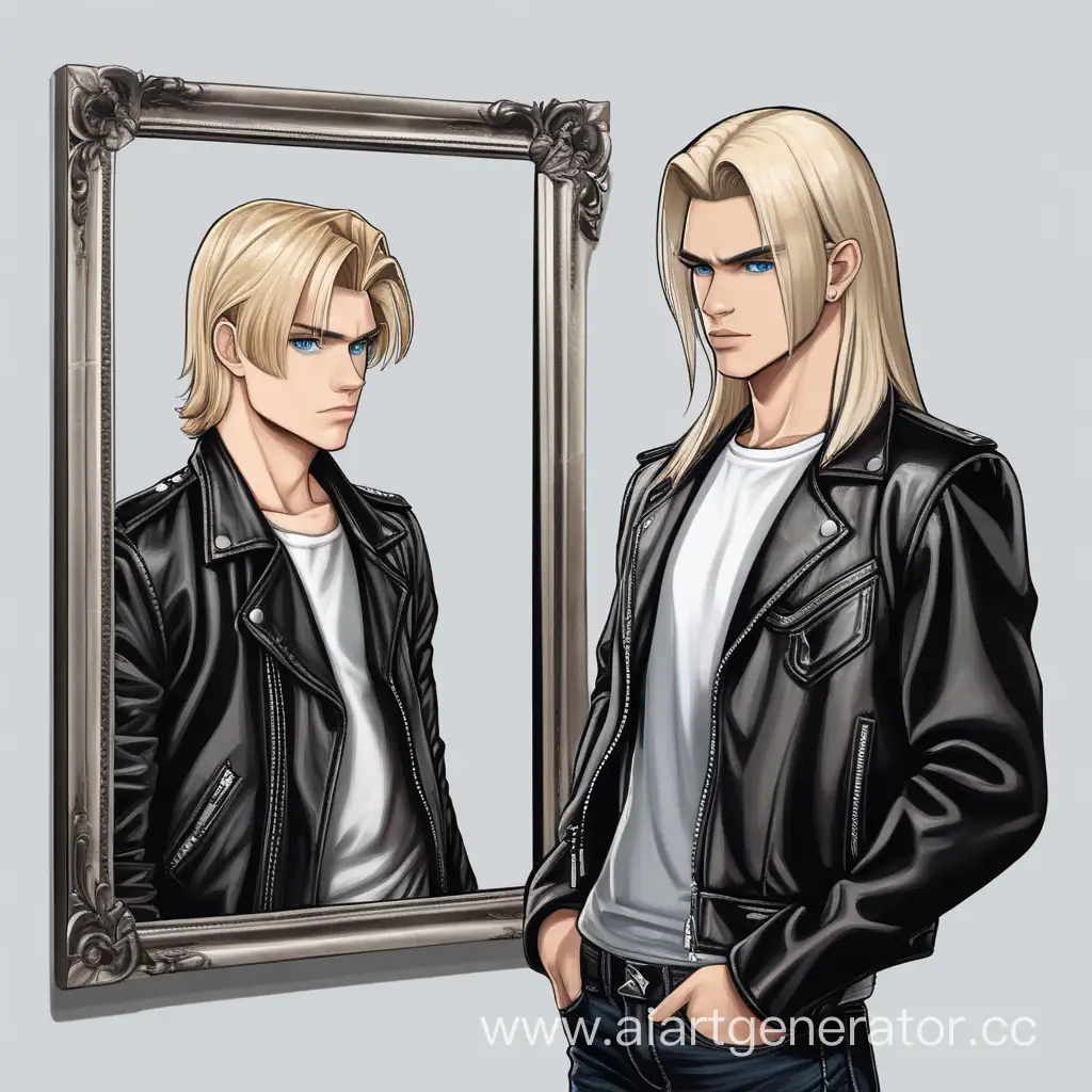 A young man with dark hair and sad hazelnut eys (looking like young singer Dmitrii Koldun) is standing in black T-shirt, a leather jacket and black jeans and looking in front of himself. His left hand is with an open palm, In his right hand he is holding a mirror in a silver frame. A girl with blue eyes and long blonde hair can be seen in the mirror.