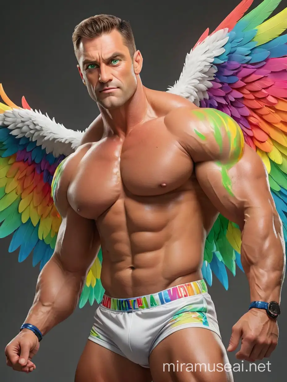Studio Light Topless 30s Ultra Chunky IFBB Bodybuilder Daddy with BIG Green Eyes wearing Multi-Highlighter Bright Rainbow with white Coloured See Through Eagle Wings Shoulder LED Jacket Short shorts left arm Flexing Bicep Up Pose