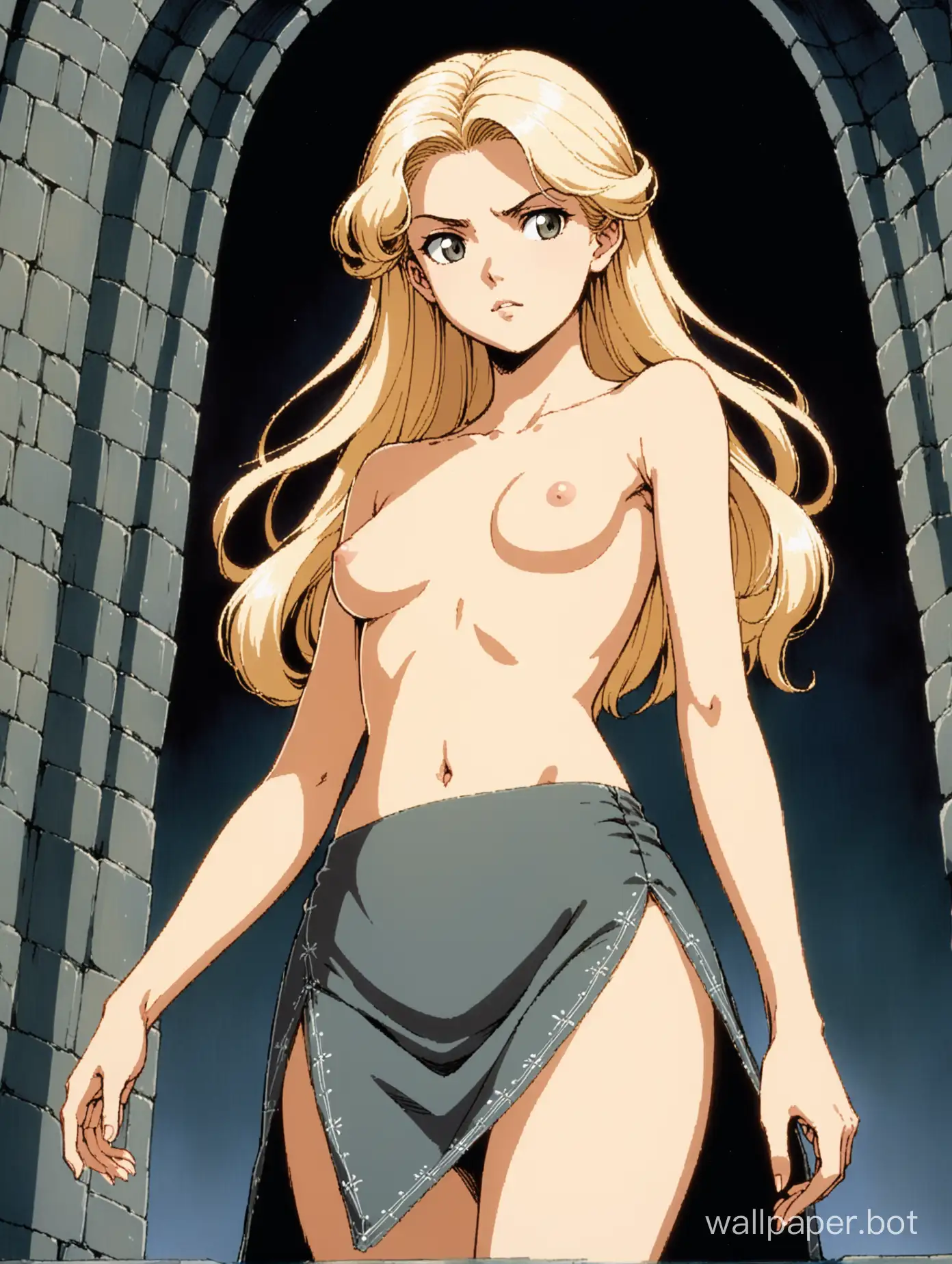 view from below, a young and attractive white woman topless, nice small breasts, she has long wavy white-blonde hair, standing regally, elegant and slender, thin sharp face, kind and sullen expression, wearing a sheer thin dark grey skintight skirt, decorative stitching, medieval elegance, 1980s retro anime