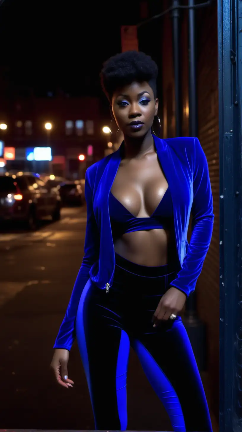 Beautiful, Black, woman, wearing  low cut hairstyle, wearing Blue Velvet, Jacket, wearing Blue Velvet, lycra, leggings, standing outside of Club, Harlem NY, Resolution, lighting is Volumetric Ultra 4k, High Definition