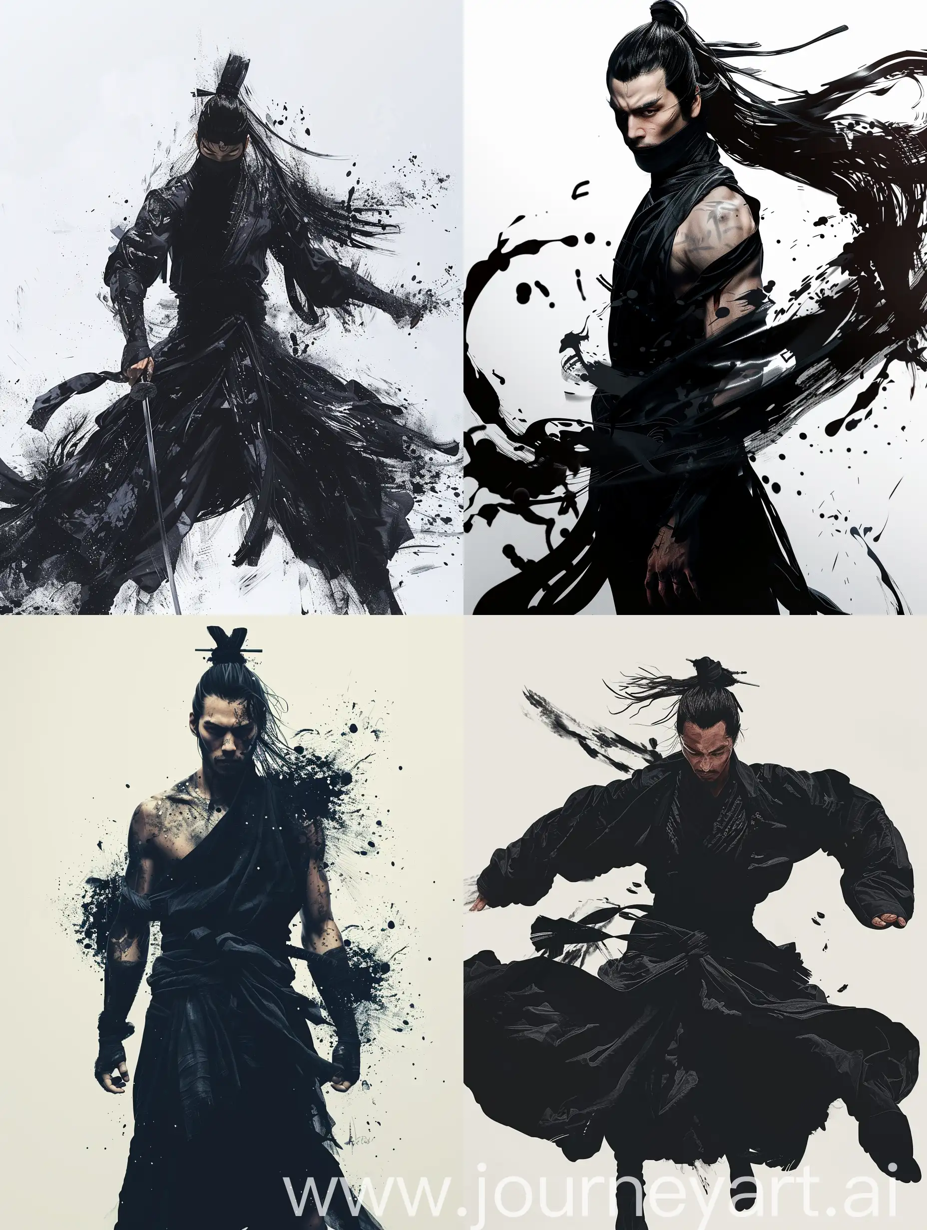 The image is in a vector colorful fashion print style, perfect for printing in this mesmerizing image, white background, a minimalist design with a vintage touch, featuring a cool, muscular and stylishAncient traditional chinese assassin ninja in black clothes. Dark background wallpaper., awesome and bright colors, trending on artstation, sharp focus, studio photo, intricate details, highly detailed,