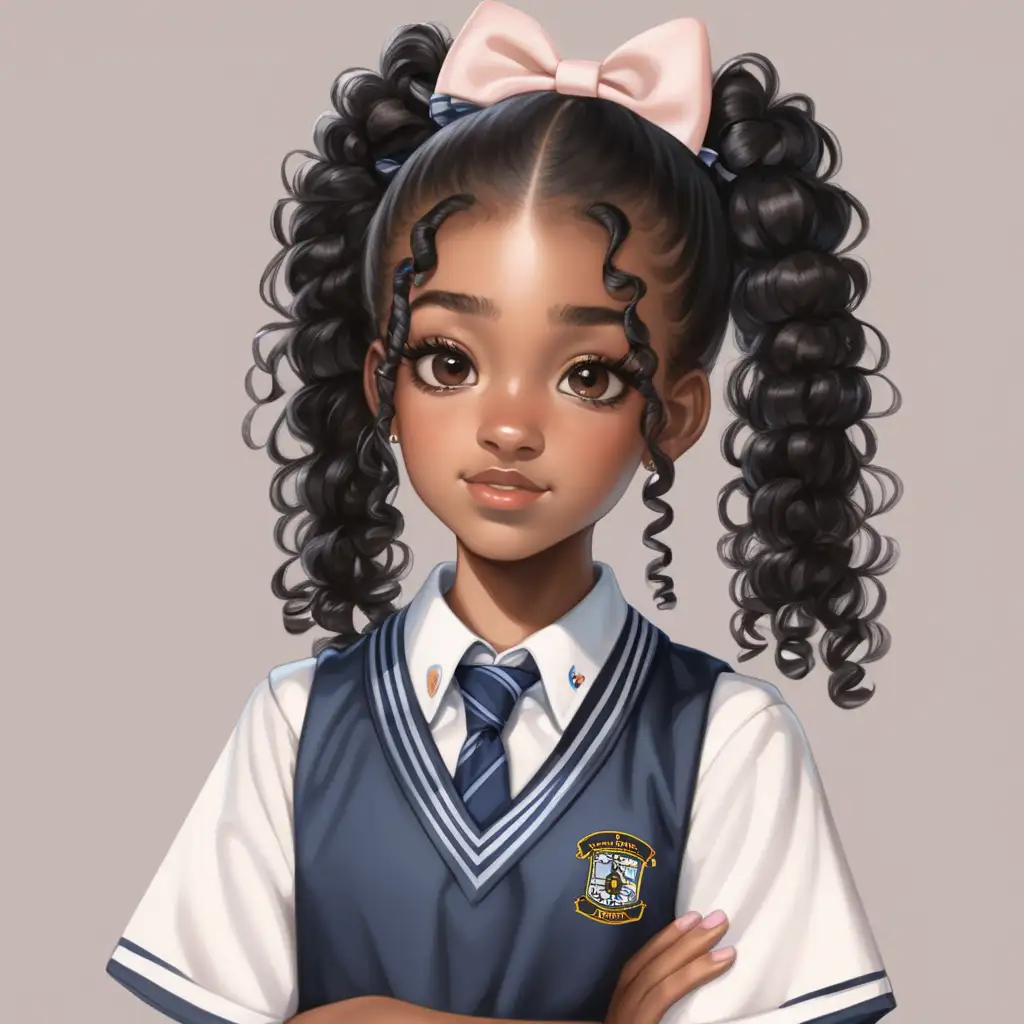  black girl with curly hair in pony tails with bows wearing school uniform and low cut boots