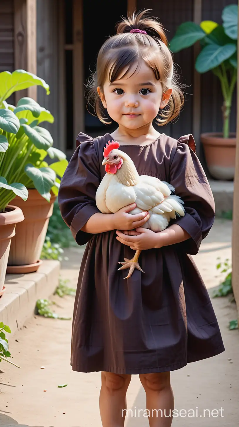Seorang anak kecil perempuan usia 3 tahun dengan berat badan gemuk 18 kilo gram rambut di kuncir satu ke atas dan memakai baju daster warna coklat tua sedang megang ayam sayur warna putih 