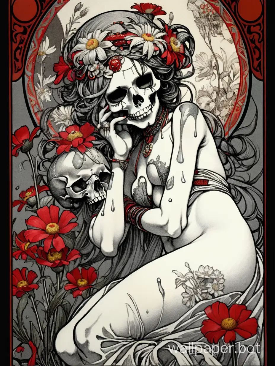odalisque, skull face ,   closed eyes, assimetrical, alphonse mucha poster, explosive wild flowers dripping paint, comic book, high textured paper, hiperdetailed lineart , dark water , red, black, gray, white sticker art