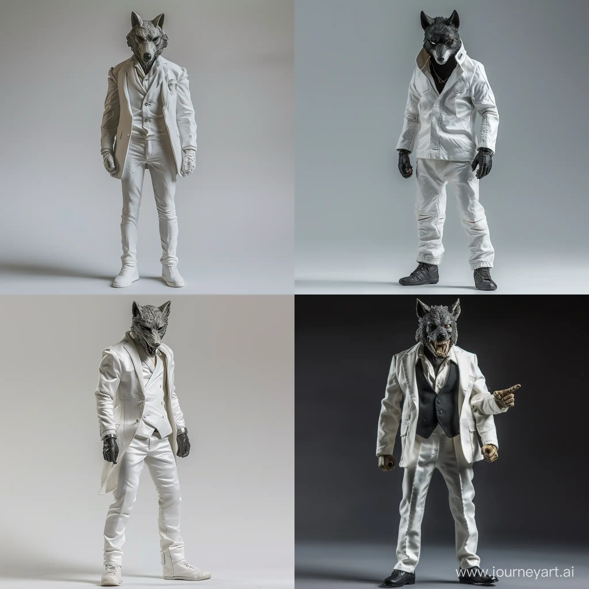 figure in a white suit static pose and wolf mask real style. no background, realistic photo very detailed