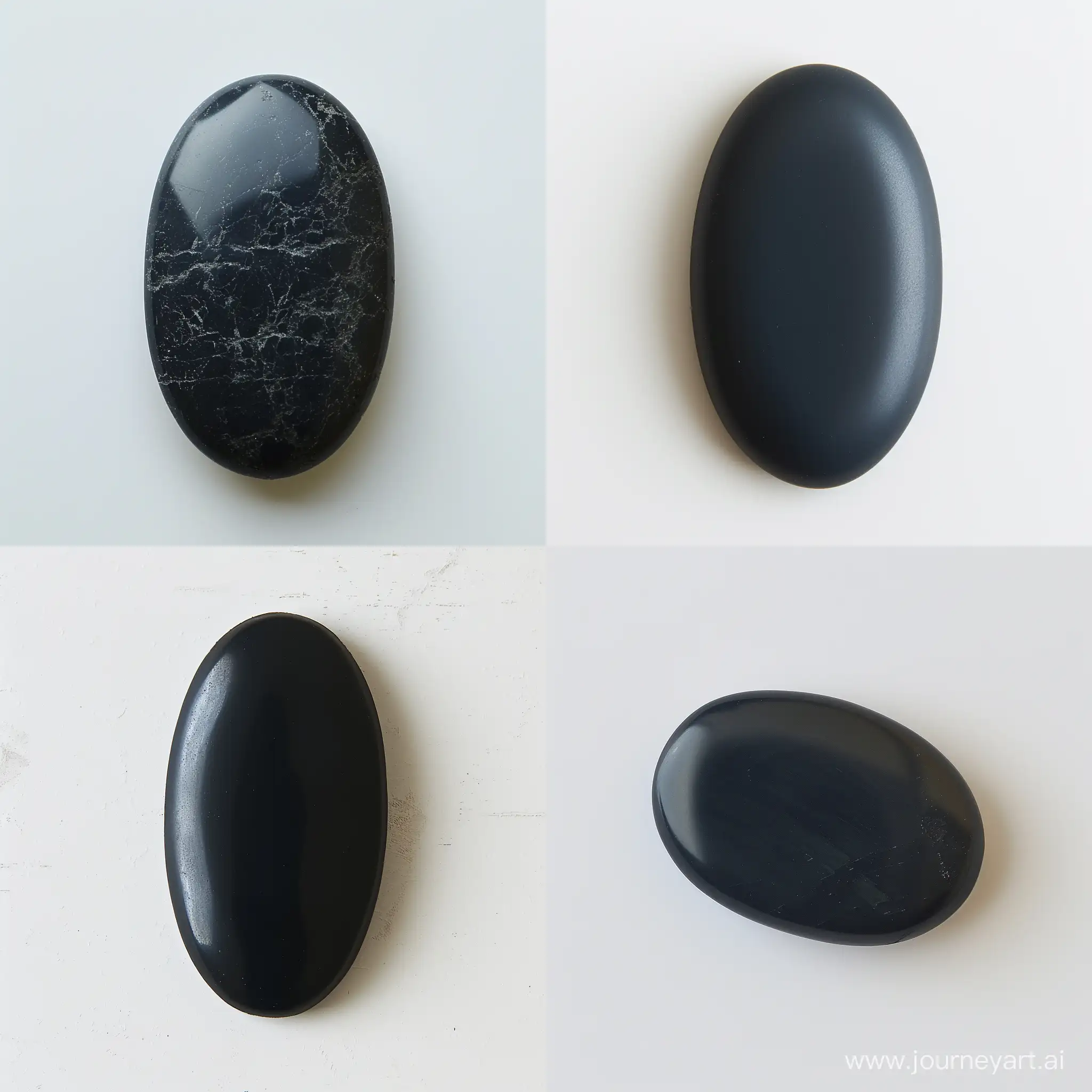 Beautiful stone one piece of oval shape dark black color matte texture monochrome slightly elongated horizontally polished cabochon of medium size on a white background view of the stone from above on a light background