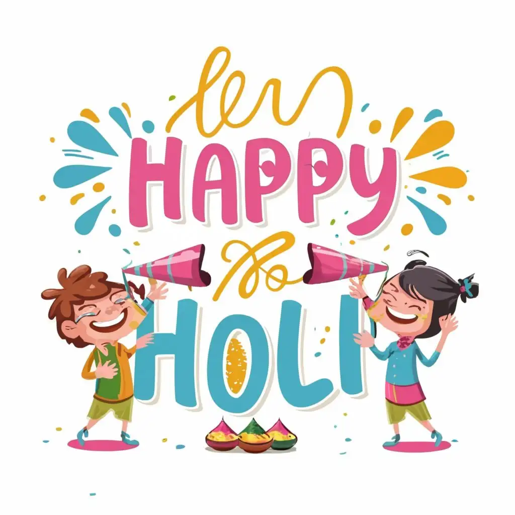logo, kids are playing holi , with joy and laughter , with the text "happy holi", typography