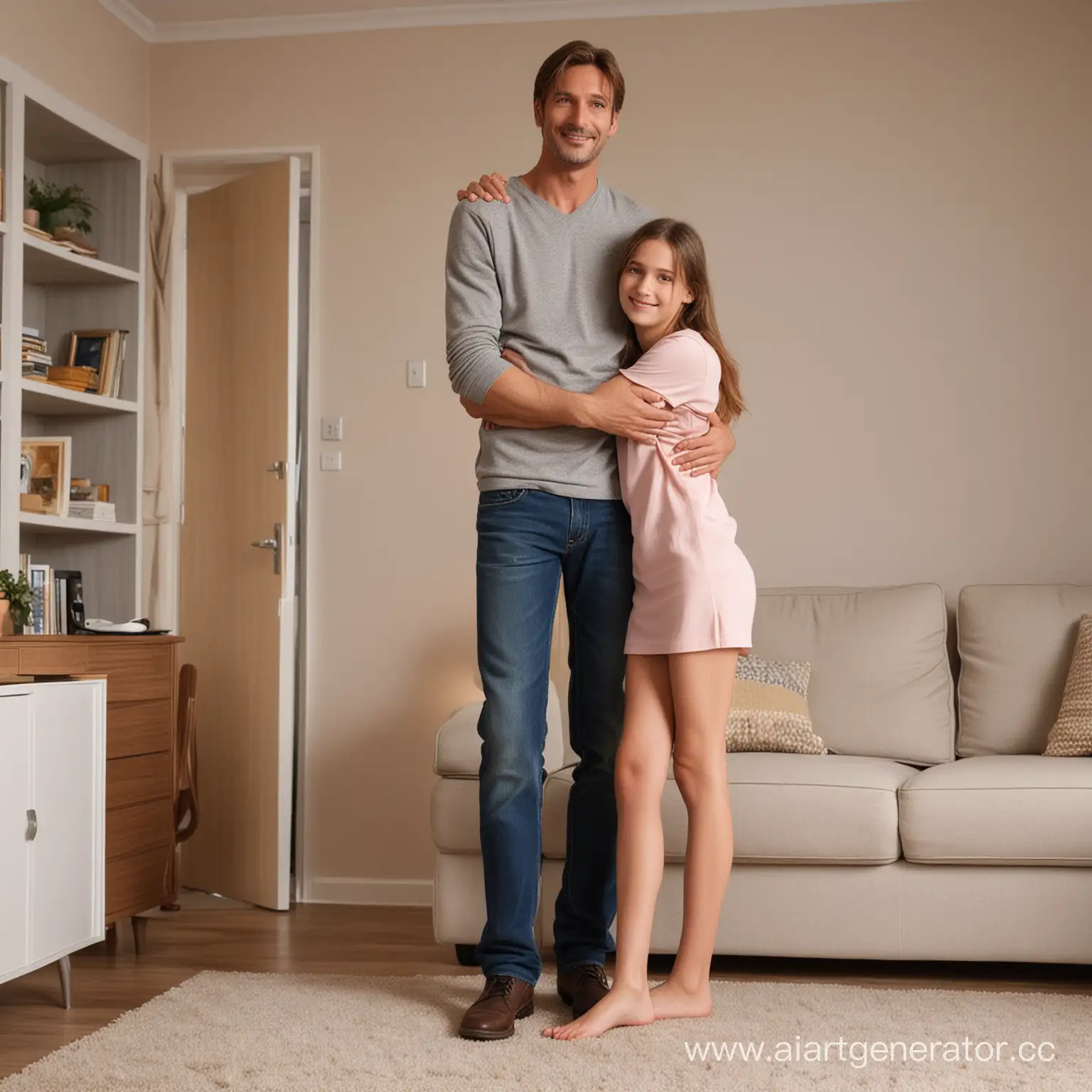 very small 40yo man hugs tall giant female tall as celing, extremely tall 12yo girl supermodel in livingroom with cute innocent face