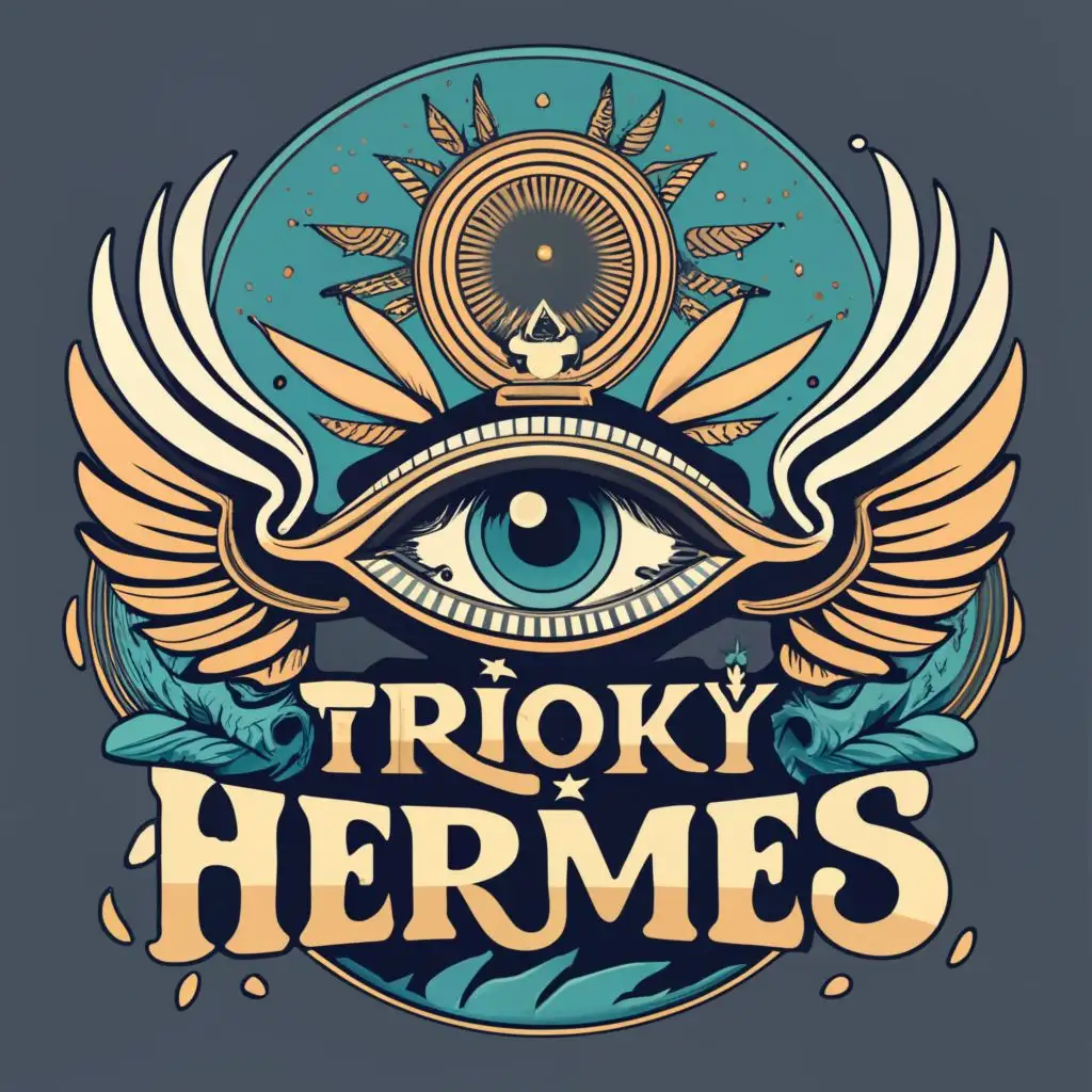 logo, eye with wings, in high detail, with the text "Tríoký Hermés", typography, be used in Religious industry