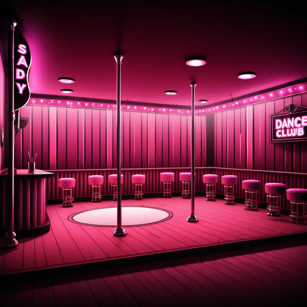 Erstelle mir ein Bild von anrüchigen Strip Club mit viel Kuschelecken und rosa pink und einer großen Bühne mit Tanzstangen