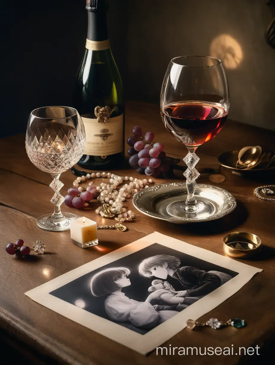 a still life composition that includes sparkling jewels, and an elegant glass of fine wine, and a faded photograph of loved ones, arranged on a wooden table with a soft, moody lighting, anime style