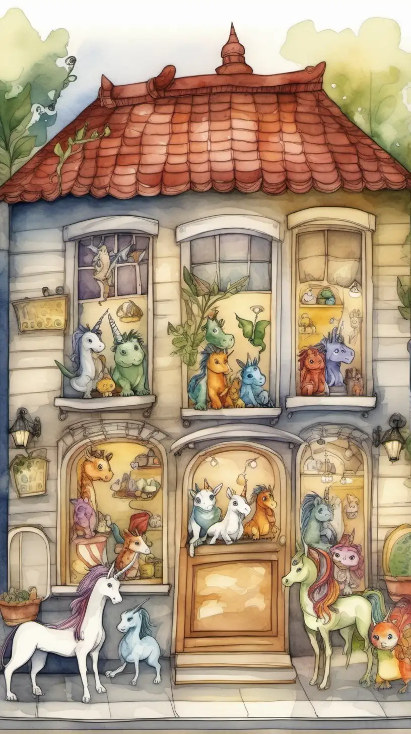 very detail image of a pet shop, watercolor style, the animals are mystical, dragons, unicorns,children's book