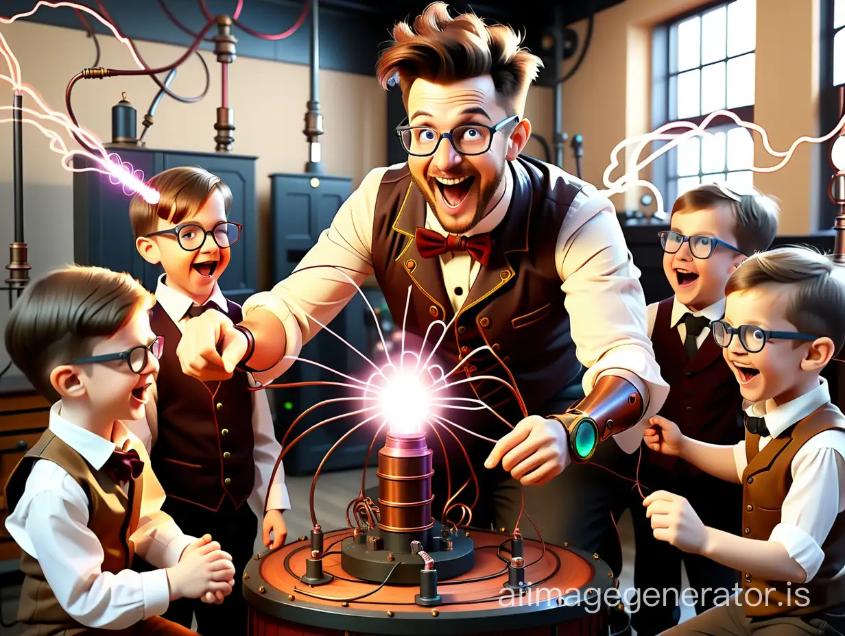 Steampunk-Style-Enthusiastic-Educator-Demonstrates-Tesla-Coil-to-Children