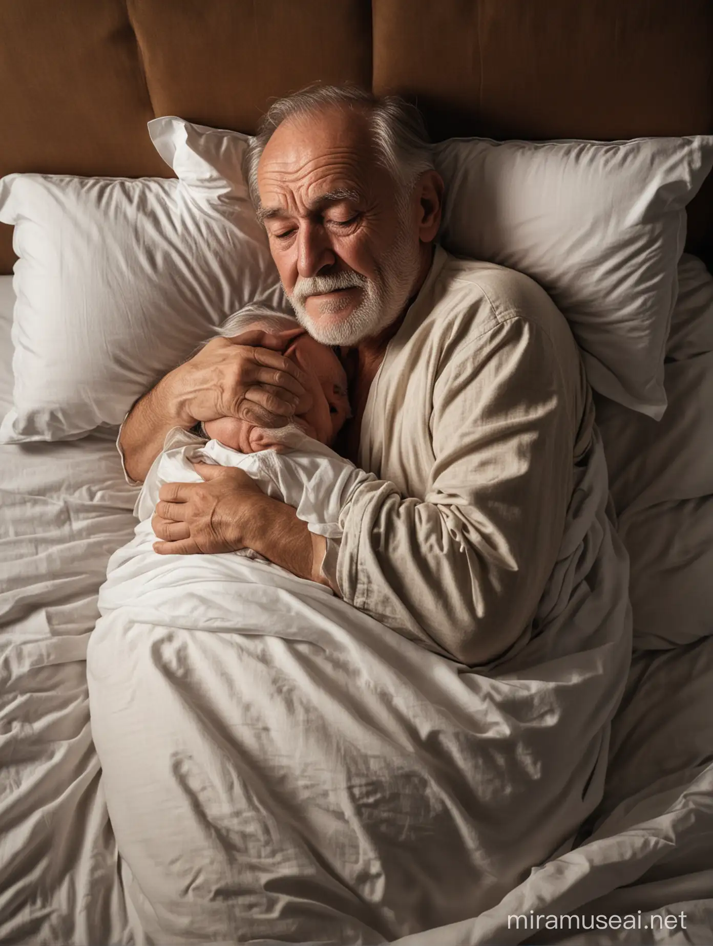 an old man lyring and hugging himself in his bed in the middle of the night