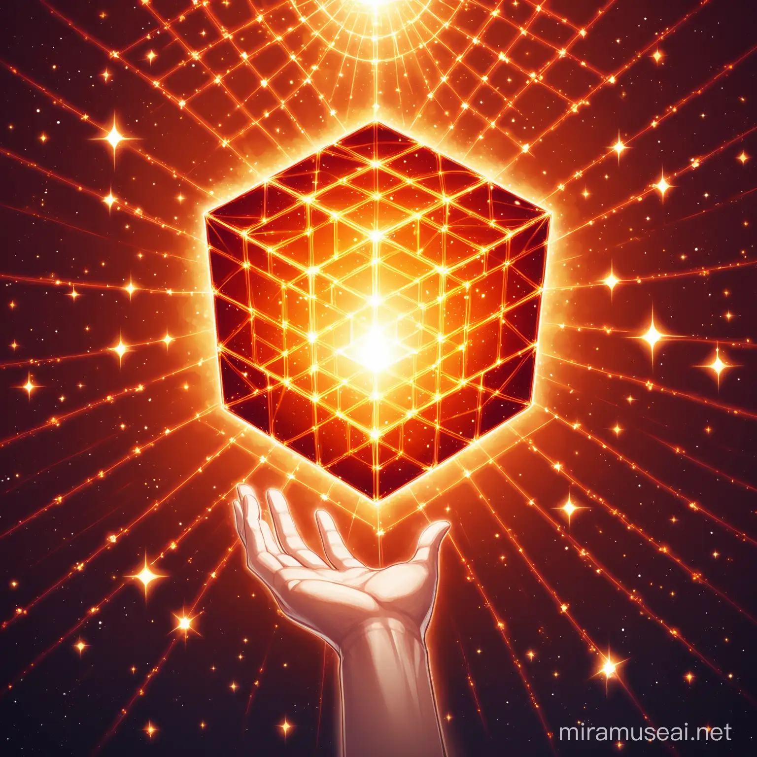 Young Man Reaches for Mystical Interdimensional Orange Cube